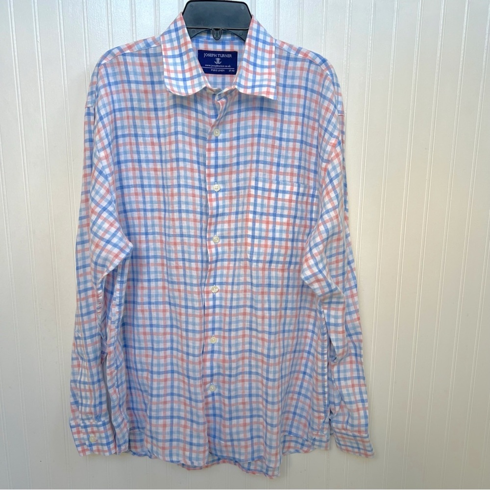 Joseph Turner UK Pink Blue White Checkered Plaid 100% Linen Button Up Medium